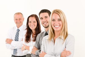 Photo of business team happy attractive woman colleagues standing in line portrait